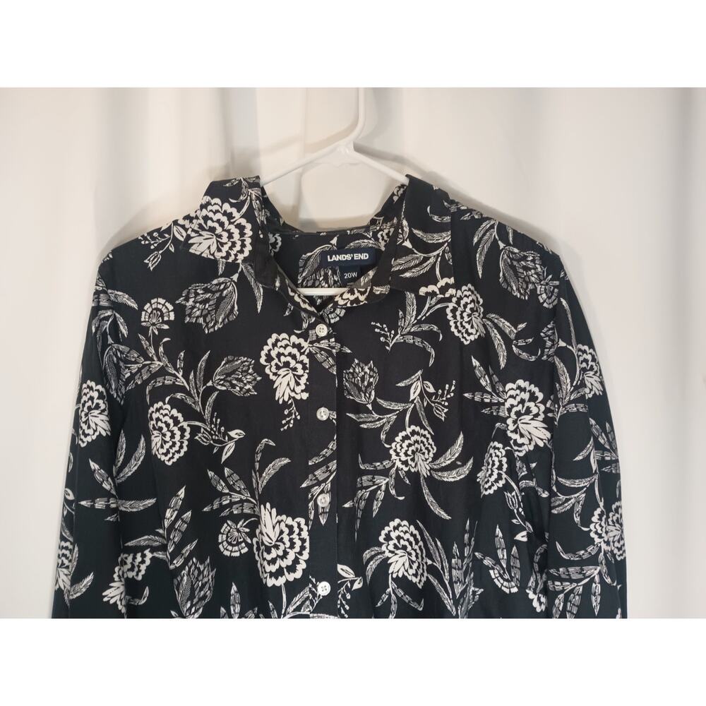 Lands End Womens No Iron Supima Button Up Top 20W Dark Floral Cottage Office - Picture 2 of 8